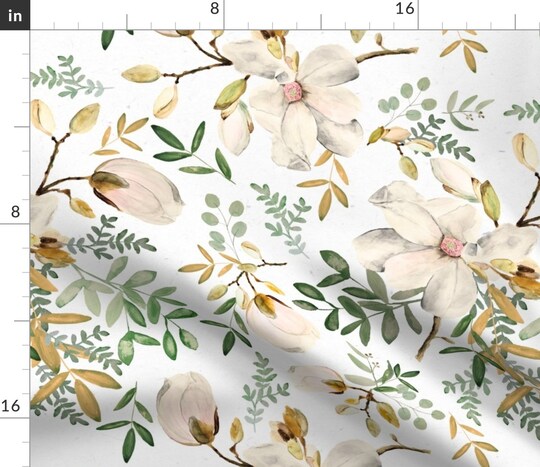Spoonflower; Botanical Magnolia Eucalyptus Green Watercolor Floral Wedding Nursery Cream Spring Flowers Custom Printed Fabric by Spoonflower Various Fabrics by the Yard or Fat Quarter; Category:Crafting Fabric; Image:1
